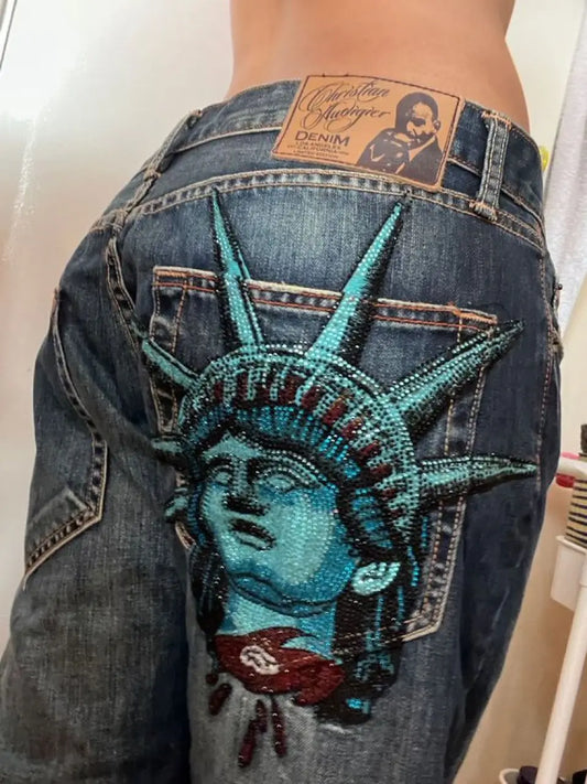 Statue Of Liberty Rhinestoned Jeans